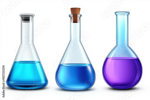 Colorful glass lab beakers filled with blue and purple liquids on a white background