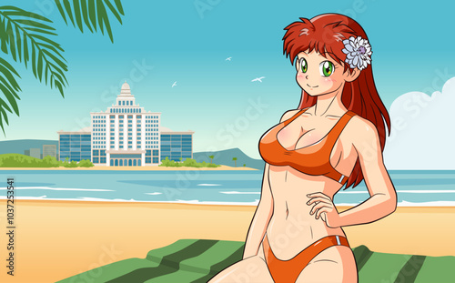 Anime girl on a beach with a fancy hotel (daytime)