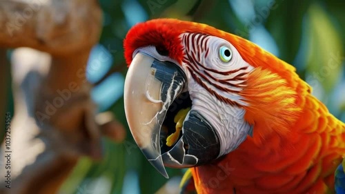 Vivid Close-Up of a Colorful Macaw with Open Beak in Natural Setting - 4K