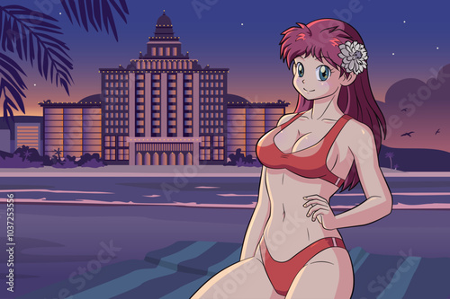 Anime girl on a beach with a fancy hotel (night)