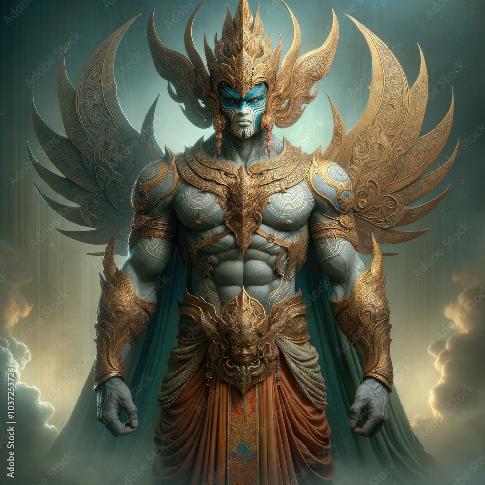 Majestic Guardian of Myth: A Divine Warrior in Ornate Golden Armor, Standing Tall with a Fierce Painted Mask, Radiating Power and Emerging from a Mystical Realm Majestic Guardian of Myth: A Divine Warrior in Ornate Golden Armor, Standing Tall with a Fierce Painted Mask, Radiating Power and Emerging from a Mystical Realm