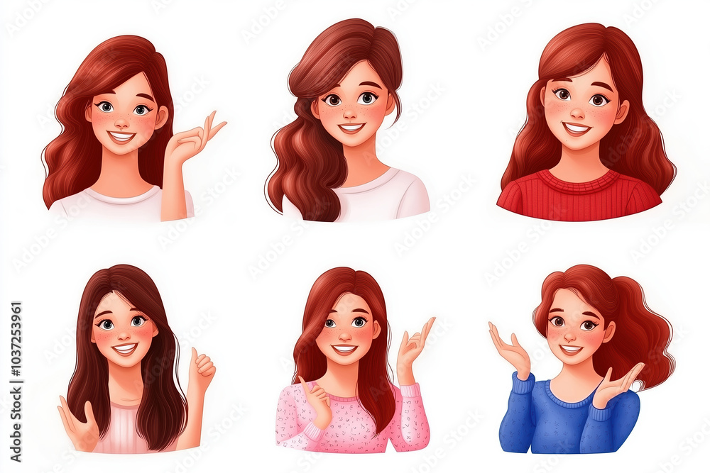 A cheerful young woman showcases different expressions of happiness and friendliness A cheerful young woman showcases different expressions of happiness and friendliness