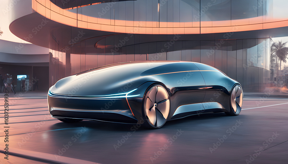 A self-driving electric car parked in a smart parking lot, with soft light shining through the windows. A self-driving electric car parked in a smart parking lot, with soft light shining through the windows.