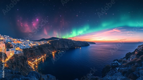 Aurora lights illuminating Santorinis white cliffs, with colorful streaks dancing above the Aegean Sea