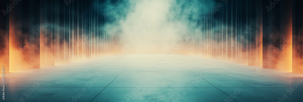A futuristic, smoky scene with a glowing entrance. A futuristic, smoky scene with a glowing entrance.