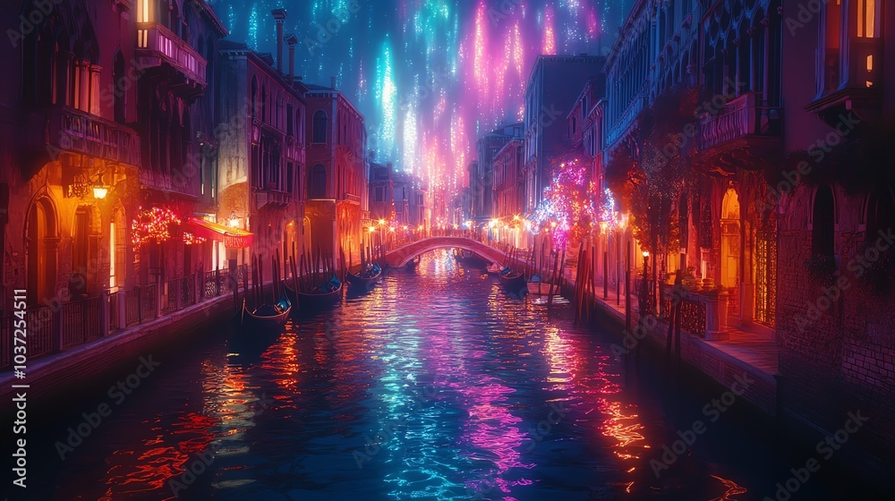 Bright Northern Lights reflected on the canals of Venice, the colors merging with the water and ancient architecture Bright Northern Lights reflected on the canals of Venice, the colors merging with the water and ancient architecture