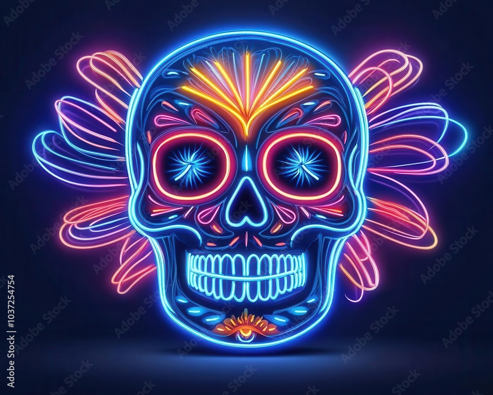 Fototapeta premium Radiant sugar skull with ultraviolet glowing patterns, surrounded by swirling neon light trails, sugar skull, dynamic neon art