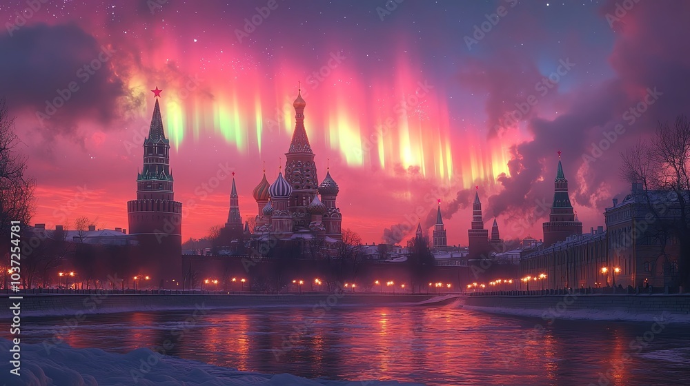 Obraz premium Northern Lights illuminating the skyline of Moscow, adding a magical aura to the historic city under a cold winter sky