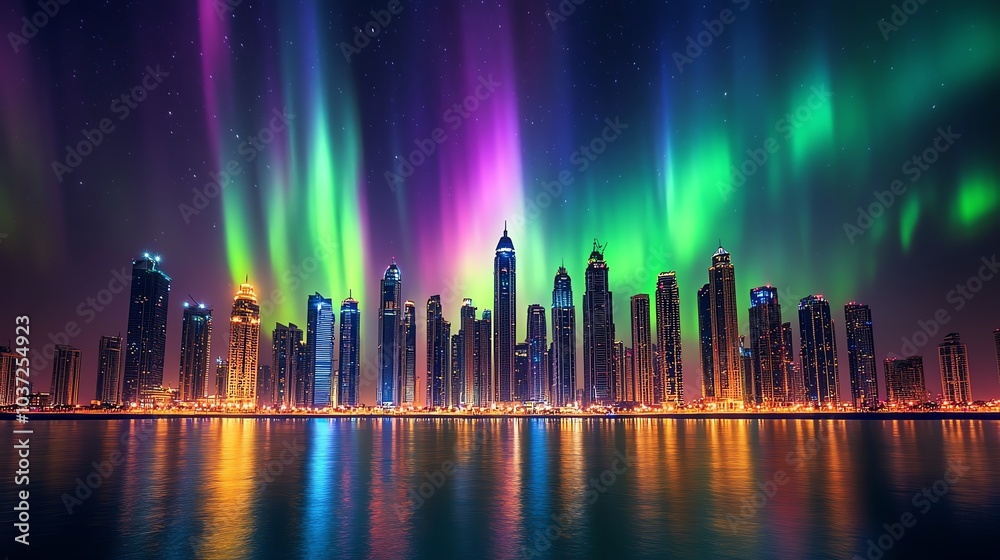 Northern Lights painting the sky over Dubai s futuristic skyline, mixing modern luxury with natures light display Northern Lights painting the sky over Dubai s futuristic skyline, mixing modern luxury with natures light display