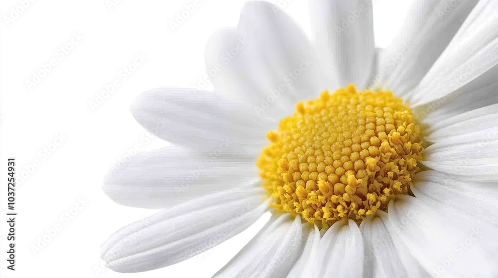 Obraz premium A detailed close-up of a daisy, its white petals and yellow center popping against a white background, creating a fresh and clean visual.
