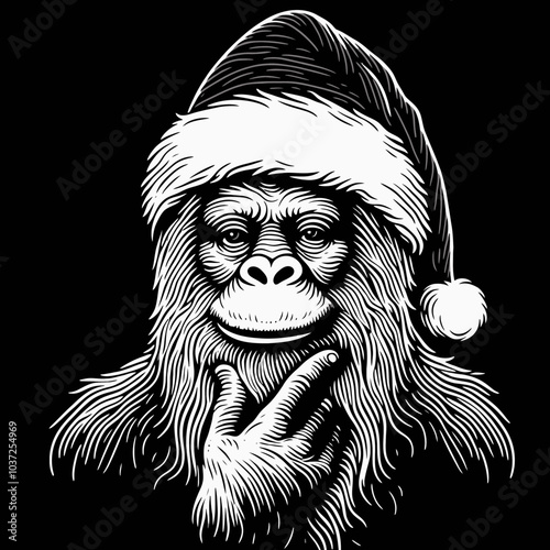 Curious Bigfoot in Santa Costume with Hand on Chin