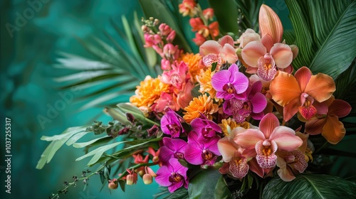 Wallpaper Mural A floral arrangement of orchids and lilies with vibrant, tropical colors set against a lush green background Torontodigital.ca