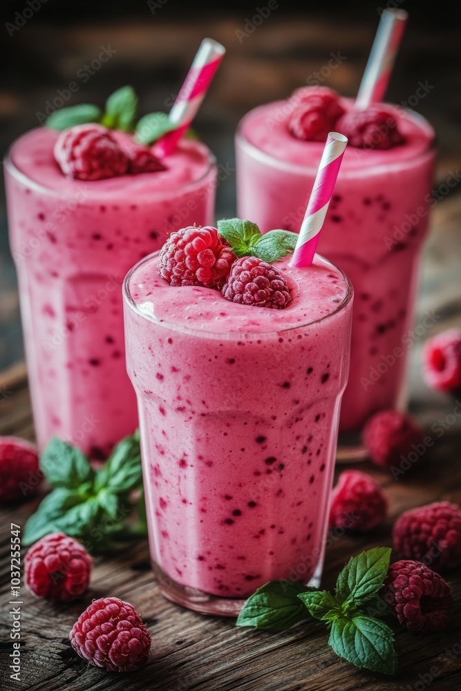 Refreshing raspberry smoothies garnished with mint leaves served on a rustic wooden table Refreshing raspberry smoothies garnished with mint leaves served on a rustic wooden table