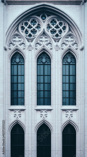 A close-up of a white building with intricate stonework and tall arched windows.