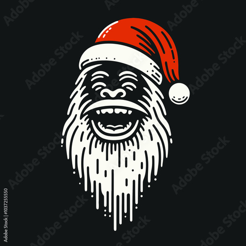 Bigfoot in Santa Costume Laughing Cheerfully