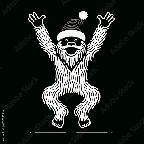 Joyful Bigfoot in Santa Costume Hopping with Glee