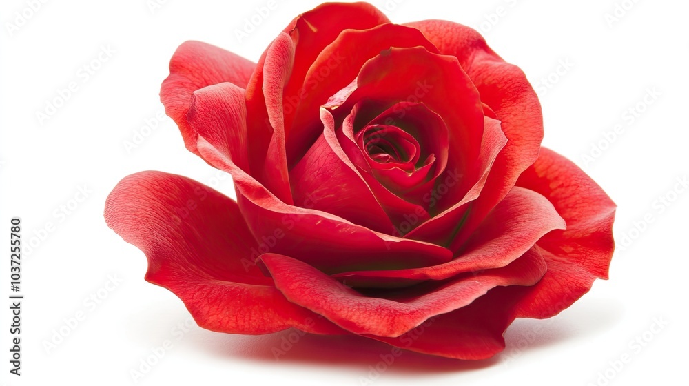 Obraz premium A single blooming red rose on a white background, showcasing its vibrant petals and delicate beauty in stunning contrast.