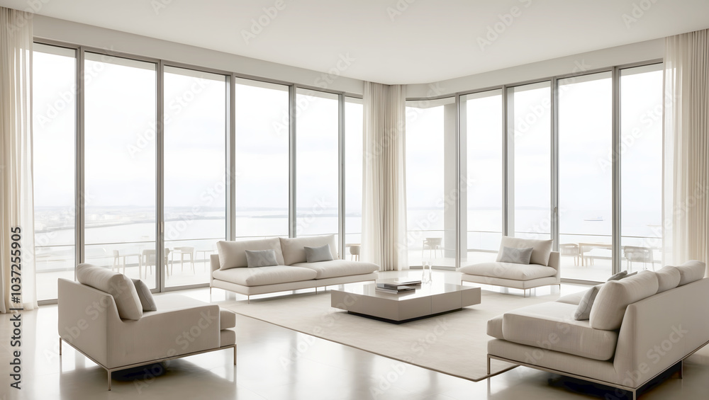 Fototapeta premium Spacious modern living room with large windows and neutral furniture in a bright interior