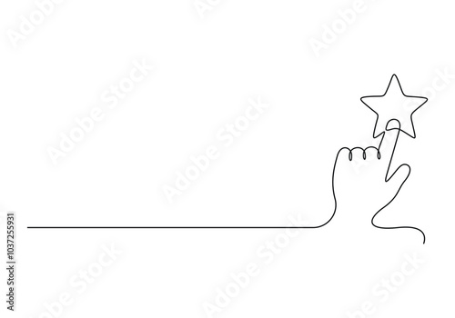 Rating stars continuous one line drawing with thumb up. Single line art rating star vector illustration