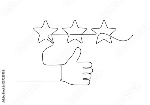 Rating stars continuous one line drawing with thumb up. Single line art rating star vector illustration