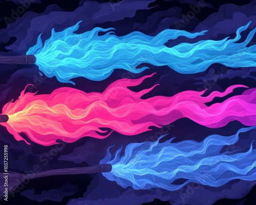 Colorful, stylized flames emerging from broomsticks in a dark background.