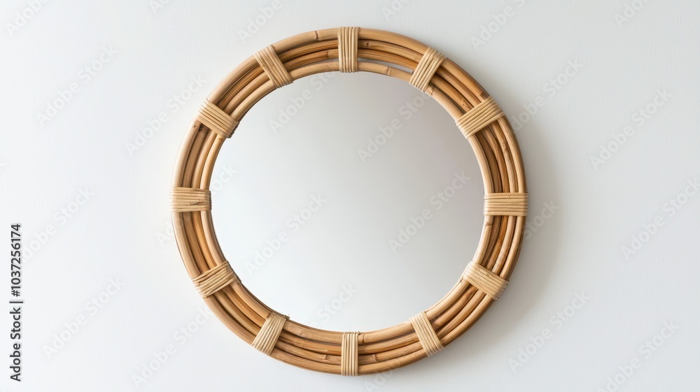 Round mirror with a natural woven frame on a white background. Bamboo eco-friendly furniture concept Round mirror with a natural woven frame on a white background. Bamboo eco-friendly furniture concept