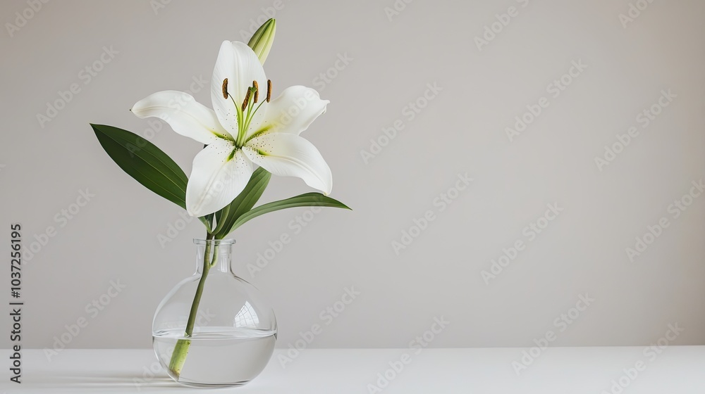 A single white lily in a simple glass vase on a white surface, symbolizing purity and grace A single white lily in a simple glass vase on a white surface, symbolizing purity and grace