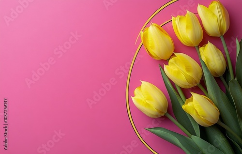 Bright yellow tulips arranged on a vibrant pink background, perfect for spring celebrations photo