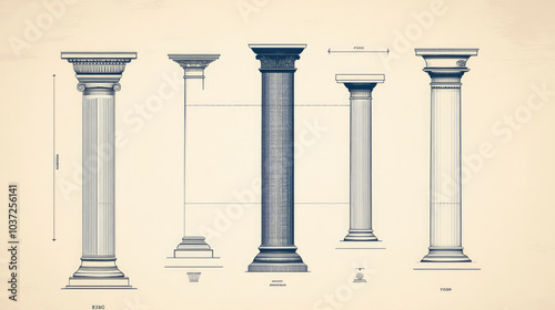 A blueprint illustration of five different types of classical columns.