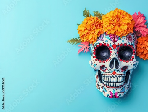 Luminous sugar skull in fluorescent hues, detailed with radiant marigold flowers and abstract geometric shapes, sugar skull, day of the dead glowing design