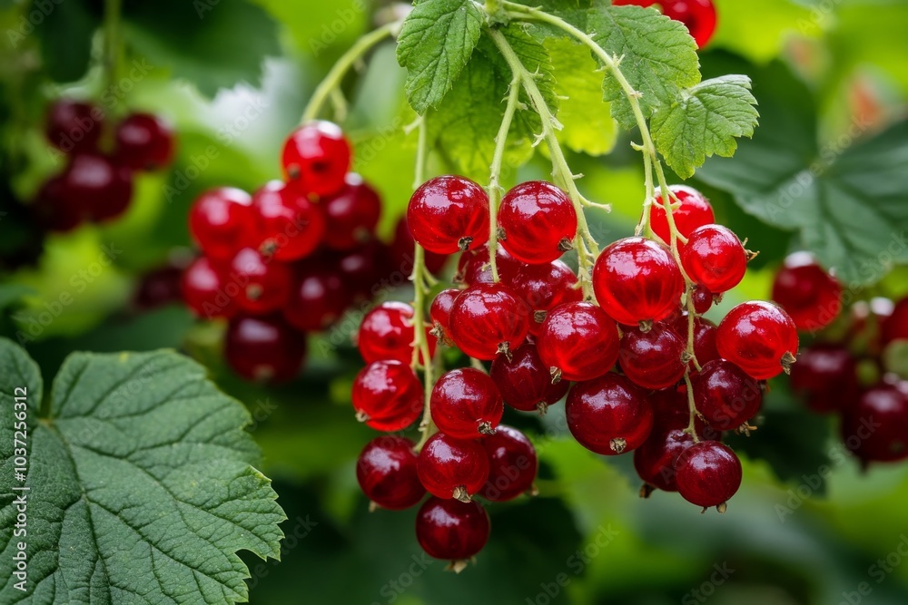 A bush of Redcurrant (Ribes Rubrum) laden with ripe, bright red berries, with the glossy fruit hanging in clusters against vibrant green leaves A bush of Redcurrant (Ribes Rubrum) laden with ripe, bright red berries, with the glossy fruit hanging in clusters against vibrant green leaves