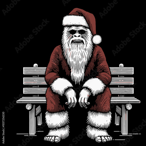 Bigfoot in Santa Costume on a Bench