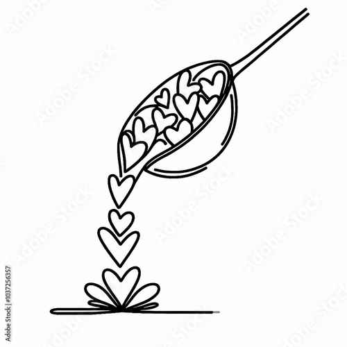 Ladle pouring multiple hearts, black and white line art, minimalistic hand-drawn illustration, love and cooking concept.
