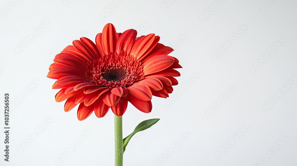 A striking red gerbera daisy, isolated on a white background, capturing attention with its bold color and vibrant energy. A striking red gerbera daisy, isolated on a white background, capturing attention with its bold color and vibrant energy.