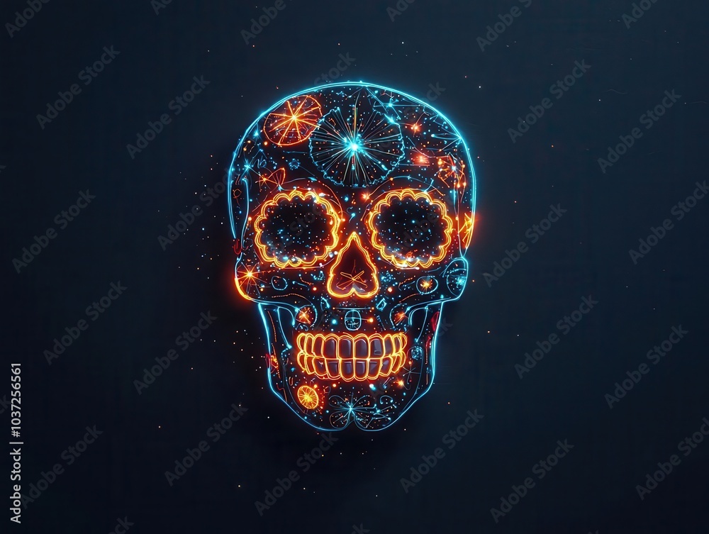 Luminous sugar skull with glowing neon galaxy details, set against a dark starry sky, sugar skull, galactic neon fantasy Luminous sugar skull with glowing neon galaxy details, set against a dark starry sky, sugar skull, galactic neon fantasy