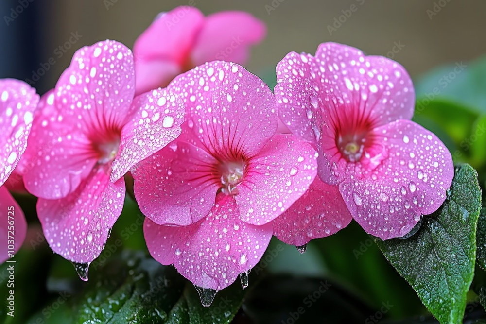A close-up of Impatiens flowers drenched in morning dew, their soft pink petals glistening in the soft light A close-up of Impatiens flowers drenched in morning dew, their soft pink petals glistening in the soft light
