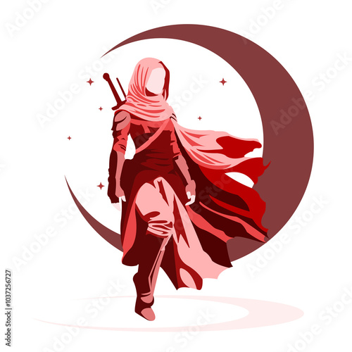 Photography Standing Brave Muslimah Swordwoman Mujahidin Islamic War Vector Flat Design Illu