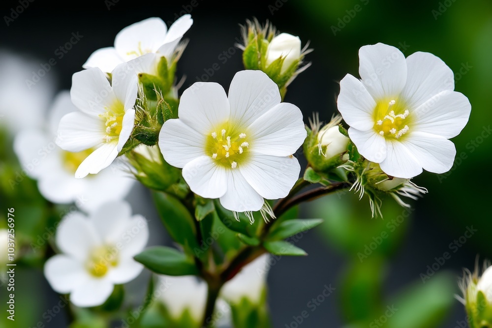 Obraz premium A close-up of White Campion flowers (Silene Latifolia), with hyper-realistic details of the petals, stamens, and fine hairs on the stems