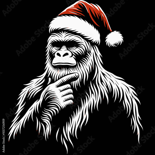 Bigfoot in Santa Costume Contemplates Holiday Cheer