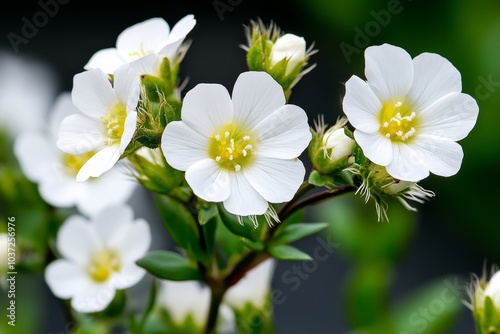 A close-up of White Campion flowers (Silene Latifolia), with hyper-realistic details of the petals, stamens, and fine hairs on the stems photo