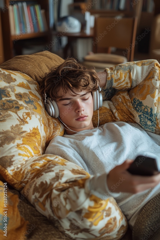 Young man relaxing on a couch with headphones and a smartphone in a cozy living room Young man relaxing on a couch with headphones and a smartphone in a cozy living room