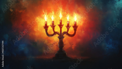 Abstract watercolor depiction of Hanukkah featuring a menorah and festive holiday colors