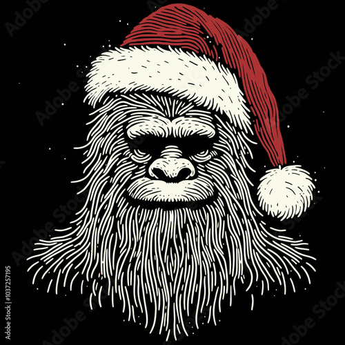 Bigfoot in a Christmas Tree with a Red Santa Hat