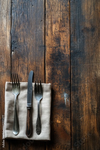 A rustic wooden table set with silverware and linen napkin in a cozy dining area at mealtime