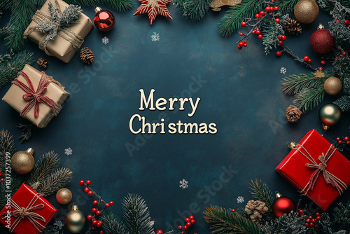 Merry christmas is written on the blue background. There are many gifts and decorations surrounding the words