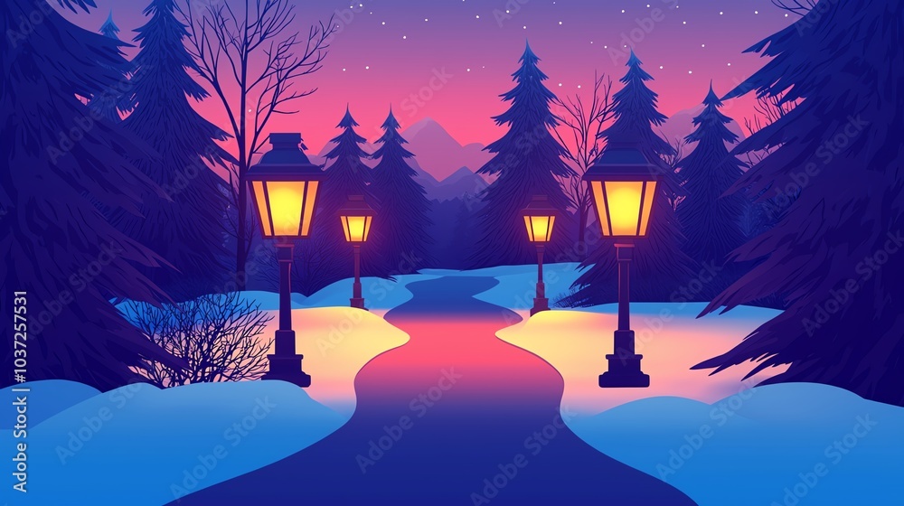 Naklejka premium Forest trail, lanterns glowing, snowy path, flat design illustration