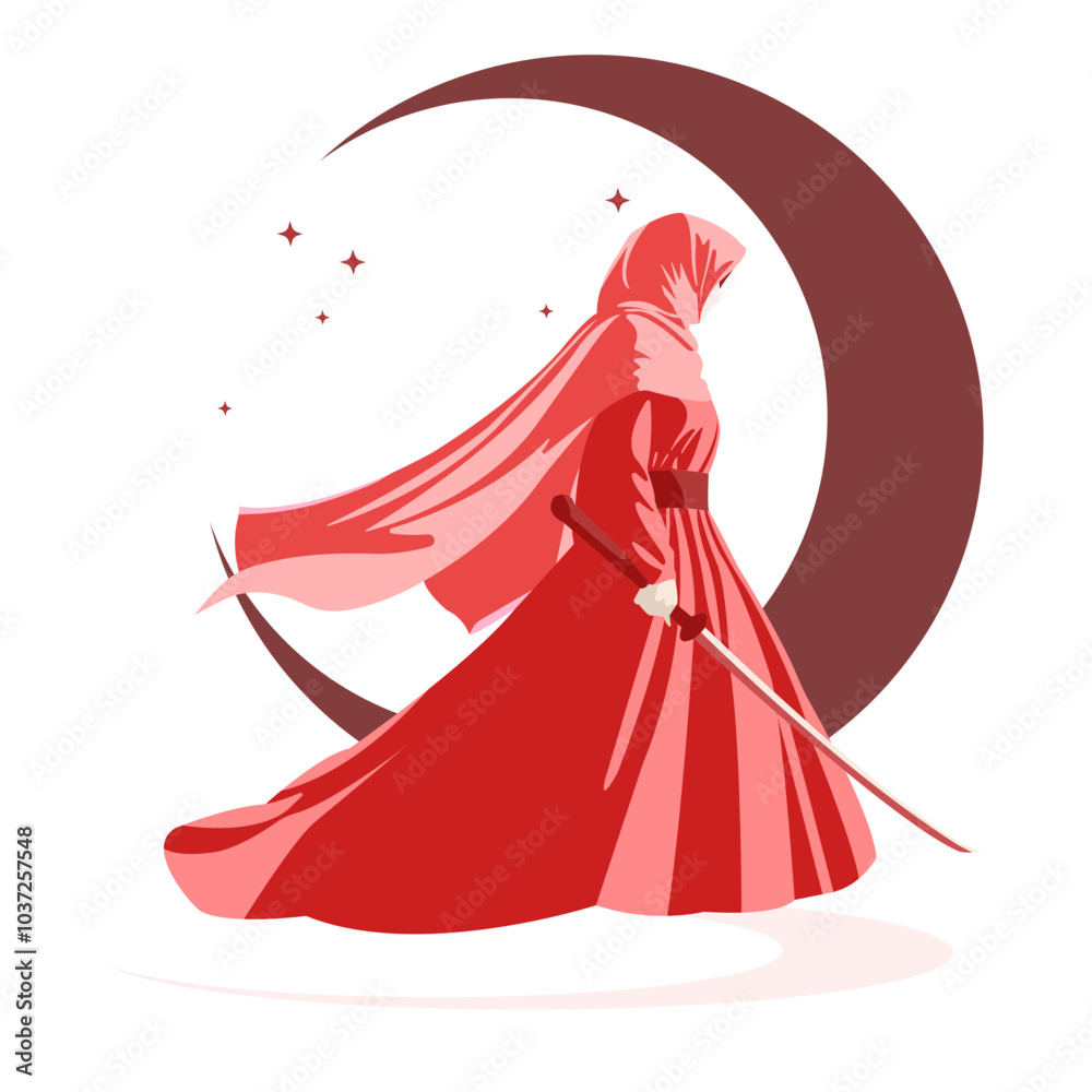 Fototapeta premium Standing Brave Muslimah Swordwoman Mujahidin Islamic War Vector Flat Design Illustration III