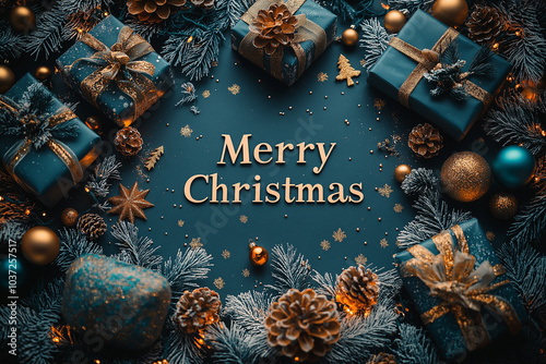 Merry christmas is written on the blue background. There are many gifts and decorations surrounding the words