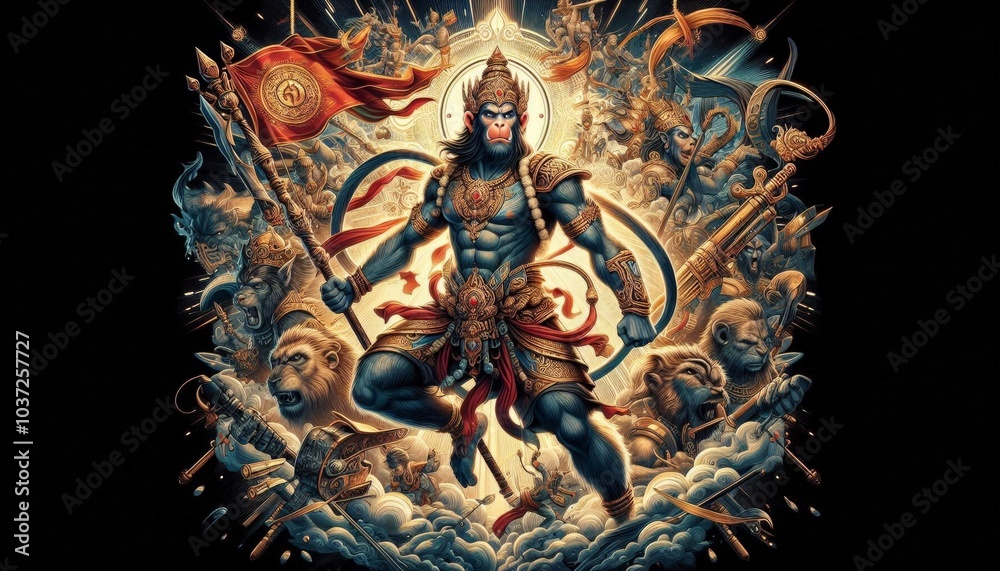 Fototapeta premium Hanuman The Mighty Warrior Deity Powerful Hindu God Hanuman with Weapon and Crown Illustration