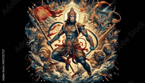 Hanuman The Mighty Warrior Deity Powerful Hindu God Hanuman with Weapon and Crown Illustration